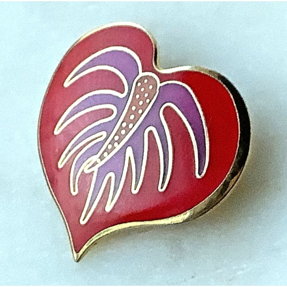 Vintage Laurel Burch Brooch "Anthurium" Flower Red Gold Enamel Heart Pin